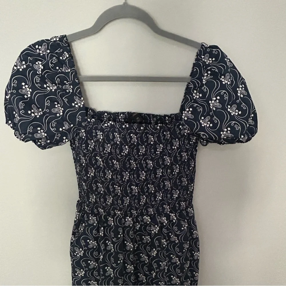 J.crew Short-Sleeve Smocked Navy and White Dress in Starry Swirl Size XS